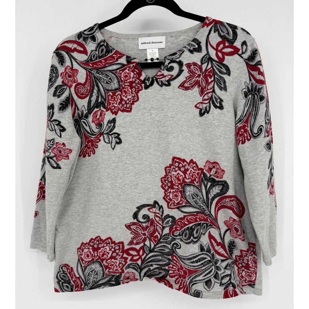 Alfred Dunner Womens Gray Red Floral Paisley Beaded Split Neck Cotton Sweater M